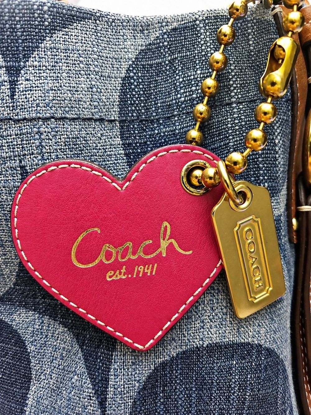 Coach Red Heart Leather Bag Charm / Keychain & Gold Metal Hangtag Collectors Duo